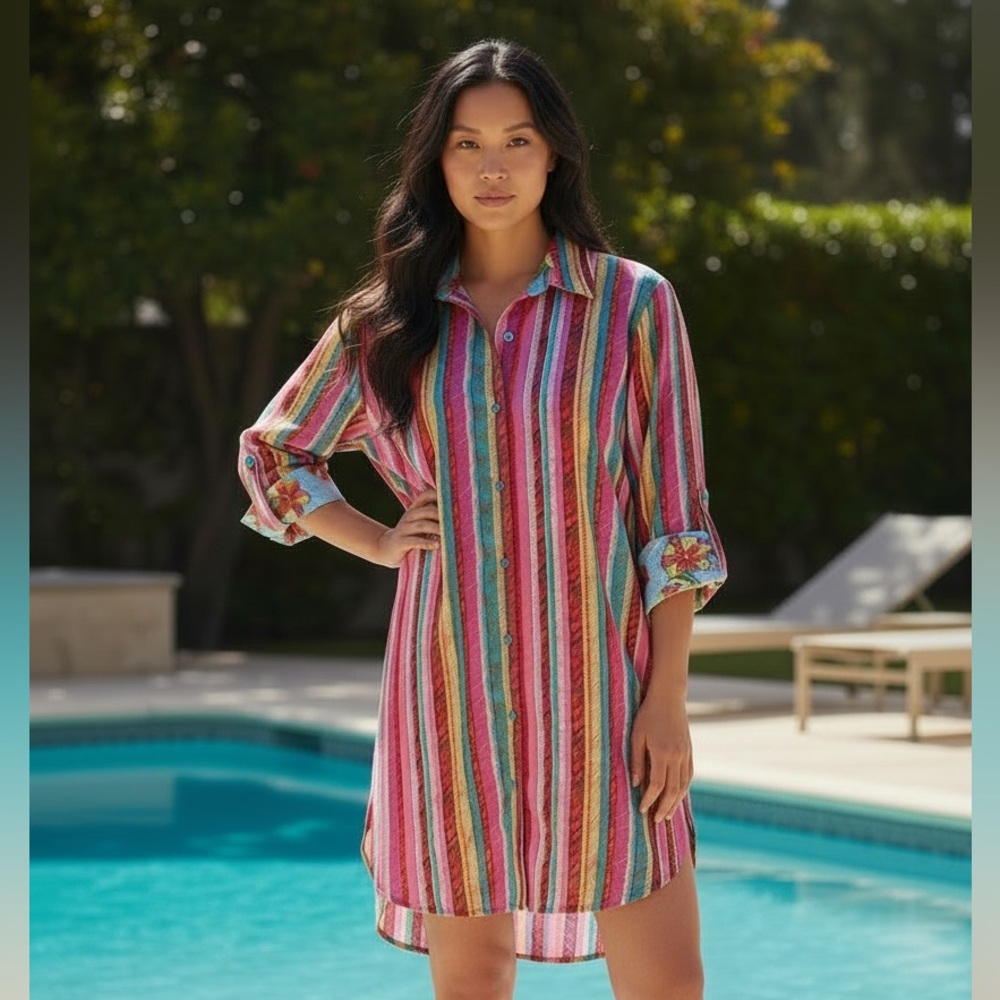 CRUZ NATORI PINK MINI SHIRT DRESS/ TUNIC MULTICOLORED STRIPED BUTTON DOWN SZ M